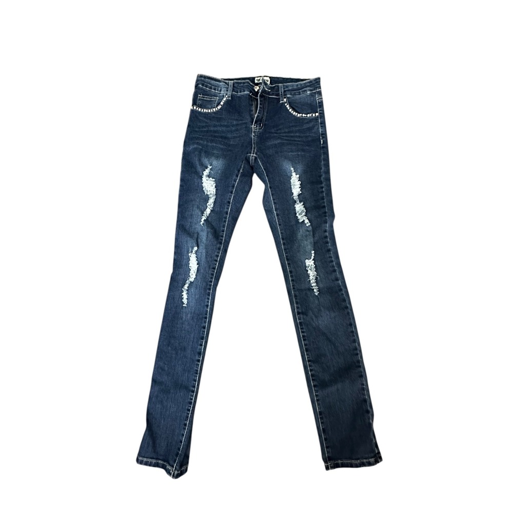 GLO Distressed Skinny Jeans Rhinestone Embellished Dark Wash Denim Size Unknown
